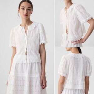 NWT Gap x DOEN Cropped Eyelet Short Sleeve Blouse LARGE White Button-up Shirt